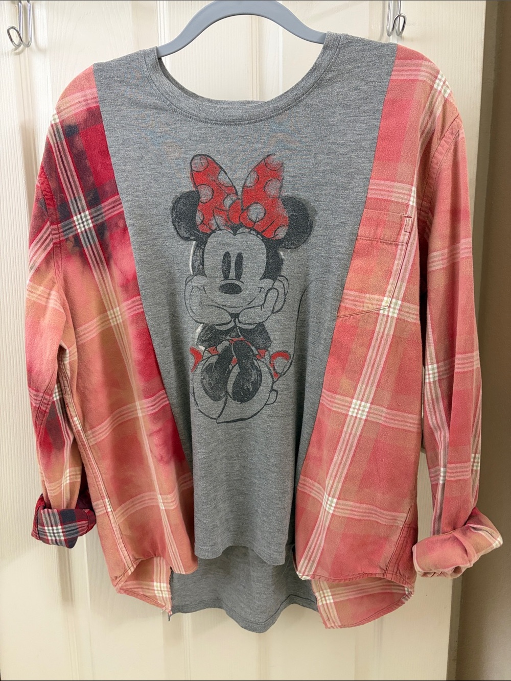 Disney Gray Tee with Pink Plaid Sleeve Top